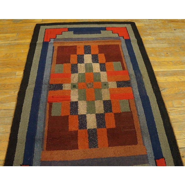 American 1920s Multicolor Geometric Modern Hand Knotted Antique American Hooked Rug 3'6" X 5'6" Wool Carpet For Sale - Image 3 of 6