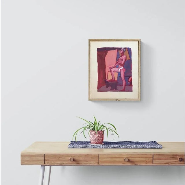 "Tighties" 1950's Gouache Male Nude Mid Century Painting Pink Red Blue Frame For Sale In Dallas - Image 6 of 6