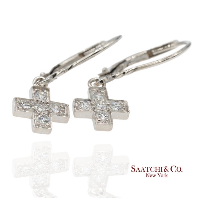 Contemporary 18k 750 Solid White Gold Natural Diamond Drop Hanging Cross Shape Earrings, A Pair For Sale - Image 3 of 10