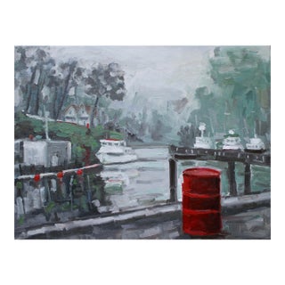 Contemporary Seascape Oil Painting, Noyo Harbor Fog With Red Barrel For Sale