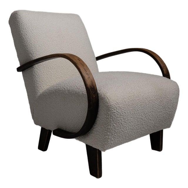 20th Century Czech Republic Deep Espresso Brown Upholstered Bench With Wool Boucle Top For Sale
