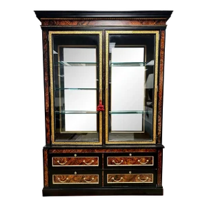 Tall Handpainted Burlwood and Giltwood Display China Cabinet