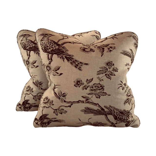 Designer Fabricut Chocolate Brown & Tan "Amacus Bird" Botanical French Country Toile Pillow Covers- 22" Pair For Sale In Jacksonville, FL - Image 6 of 6