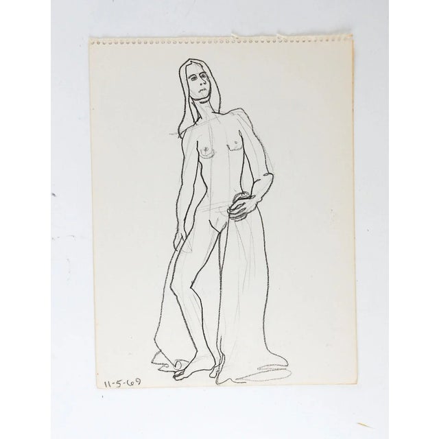 Mid Century Modern charcoal portrait study of woman. Another drawing on the back side which is a nude. Unsigned. Unframed,...