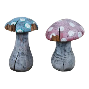 Set of 2 Large Vintage Hardwood Sculptural Carved & Painted Mushrooms by Jd 19"