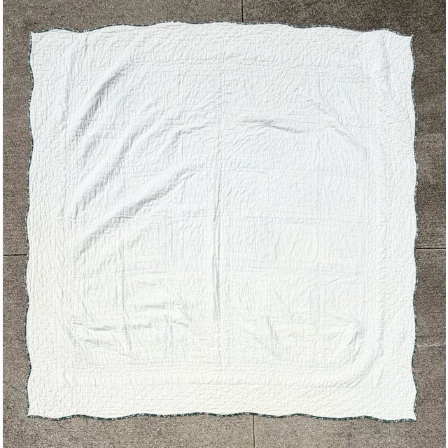 Vintage Hand Stitched Log Cabin Quilt Green And White, Square 77x79” For Sale - Image 16 of 18