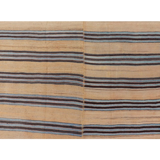 Turkish Vintage Kilim Flat-Weave Rug in Brown, Blue and Cream with Stripe Design. Keivan Woven Arts / rug EN-13206-13207,...