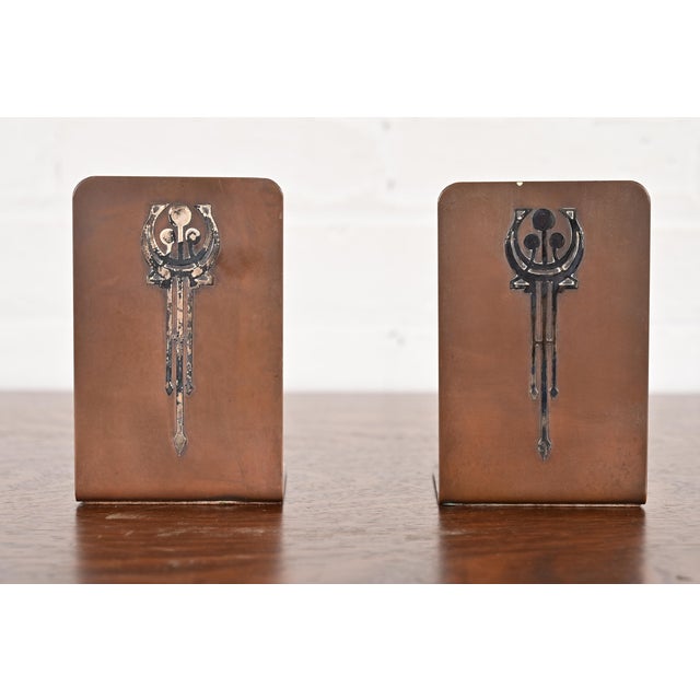 Silver Crest Arts & Crafts Sterling Silver on Bronze Bookends, Pair For Sale - Image 14 of 14