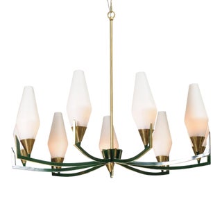 1950s 10-Light Brass & Lacquer Green Chandelier in Manner of Stilnovo For Sale