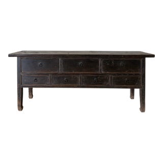 Antique Elm Wood Console With Painted Finish 7 Drawers 74" For Sale