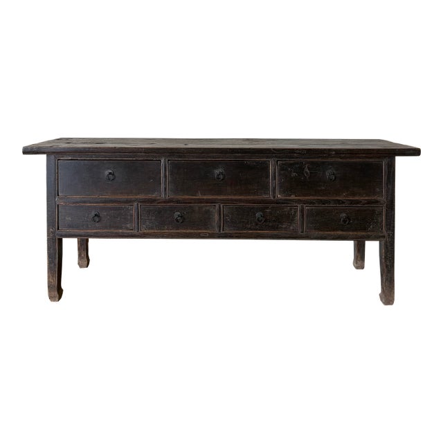 Antique Elm Wood Console With Painted Finish 7 Drawers 74" For Sale