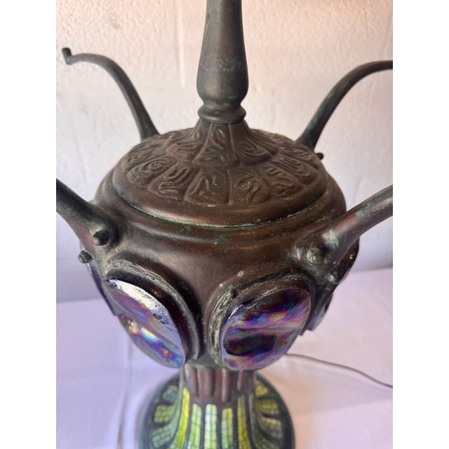 Bronze Vintage 1980s Art Nouveau Dragonfly Stained Glass Double-Lit Desk or Table Lamp For Sale - Image 8 of 17
