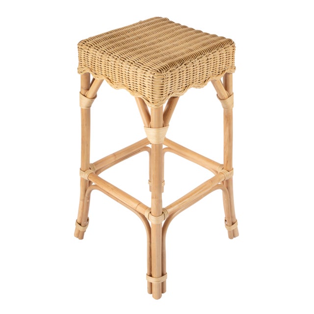 Flora 30.25 in. Seat Height Square Rattan Scalloped Backless Bar Stool, Natural Rattan For Sale In Chicago - Image 6 of 8