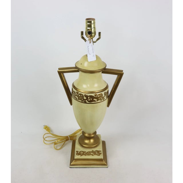 Retro yellow hand painted gold pattern trophy table lamp. This was from Brunschwig & fils old collection. 9" * 9" * 22.5"
