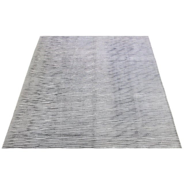 Contemporary 2010s Gray Modern Handmade Wool & Silk Rug With Stripe Design For Sale - Image 3 of 7