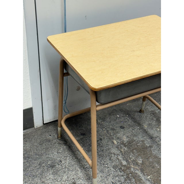 Yellow Lift-Top Metal + Wood School Desk, Mid 20th Century For Sale - Image 8 of 12