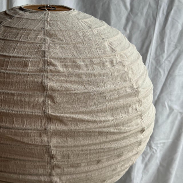 Large Round Pink Japanese-Style Rattan and Natural Linen Pendant Light For Sale - Image 16 of 18