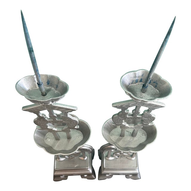 Pair of Early-Mid 20th Century Chinese Silver-Finished Brass Altar Candlesticks – Cranes & Fish For Sale