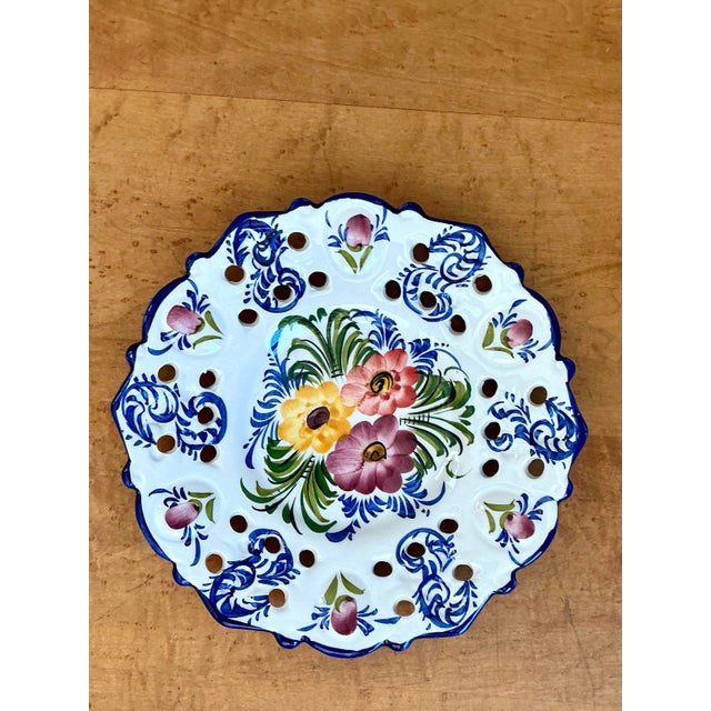Vintage Portuguese Pierced Ceramic Floral Plate For Sale - Image 9 of 12
