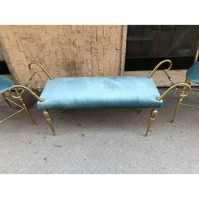 Set, Chiavarine Design, Vintage, 1950 Pair of chairs and pouf in brass and green velvet Perfect state of preservation.