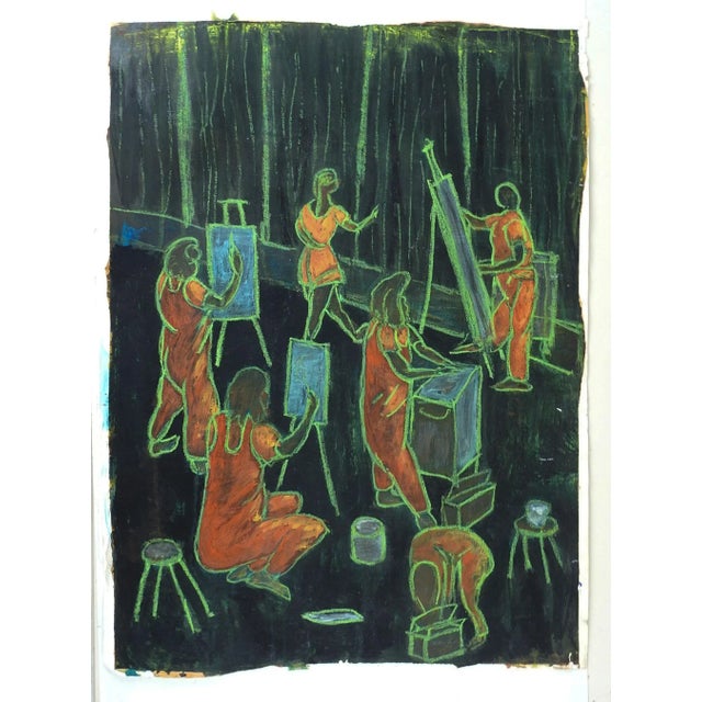 Vintage Late 20th Centjry Mixed Media Art Classroom Painting For Sale - Image 4 of 5