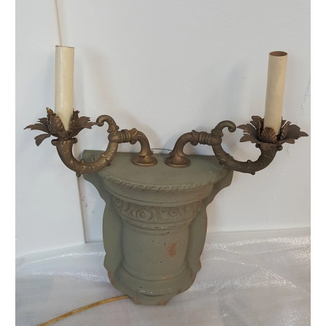 Metal Greyish Green Ceramic and Bronze Wall Sconce Candelabra by Guild Master For Sale - Image 7 of 7