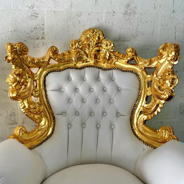 Baroque Style Chair Set – White Leather Upholstery and Gold Leaf Details For Sale - Image 4 of 7