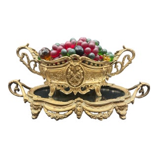 Antique Czech Gilt Bronze Coupe and Plateua Centerpiece With a Bohemian Glass Fruit Arrangement. For Sale