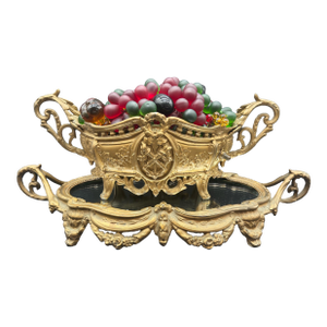 Antique Czech Gilt Bronze Coupe and Plateua Centerpiece With a Bohemian Glass Fruit Arrangement.