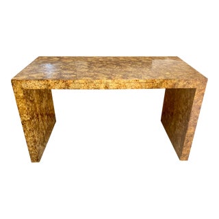 1970s Parsons Style Mid Century Modern Desk Covered in a Burl and Faux Tortoise Shell Laminate For Sale