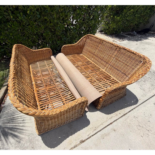 Late 20th Century Vintage 72” Handwoven Rattan Sofas With Large Braid Trim, Pair For Sale - Image 5 of 17