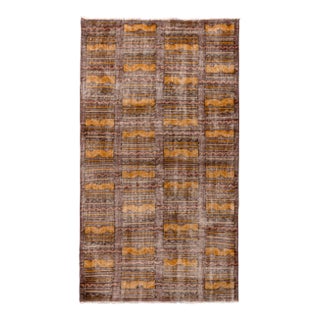 1960s Mid-Century Vintage Distressed Rug Beige Brown Gold Geometric Pattern For Sale