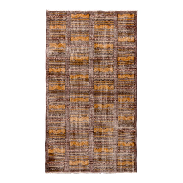 1960s Mid-Century Vintage Distressed Rug Beige Brown Gold Geometric Pattern For Sale