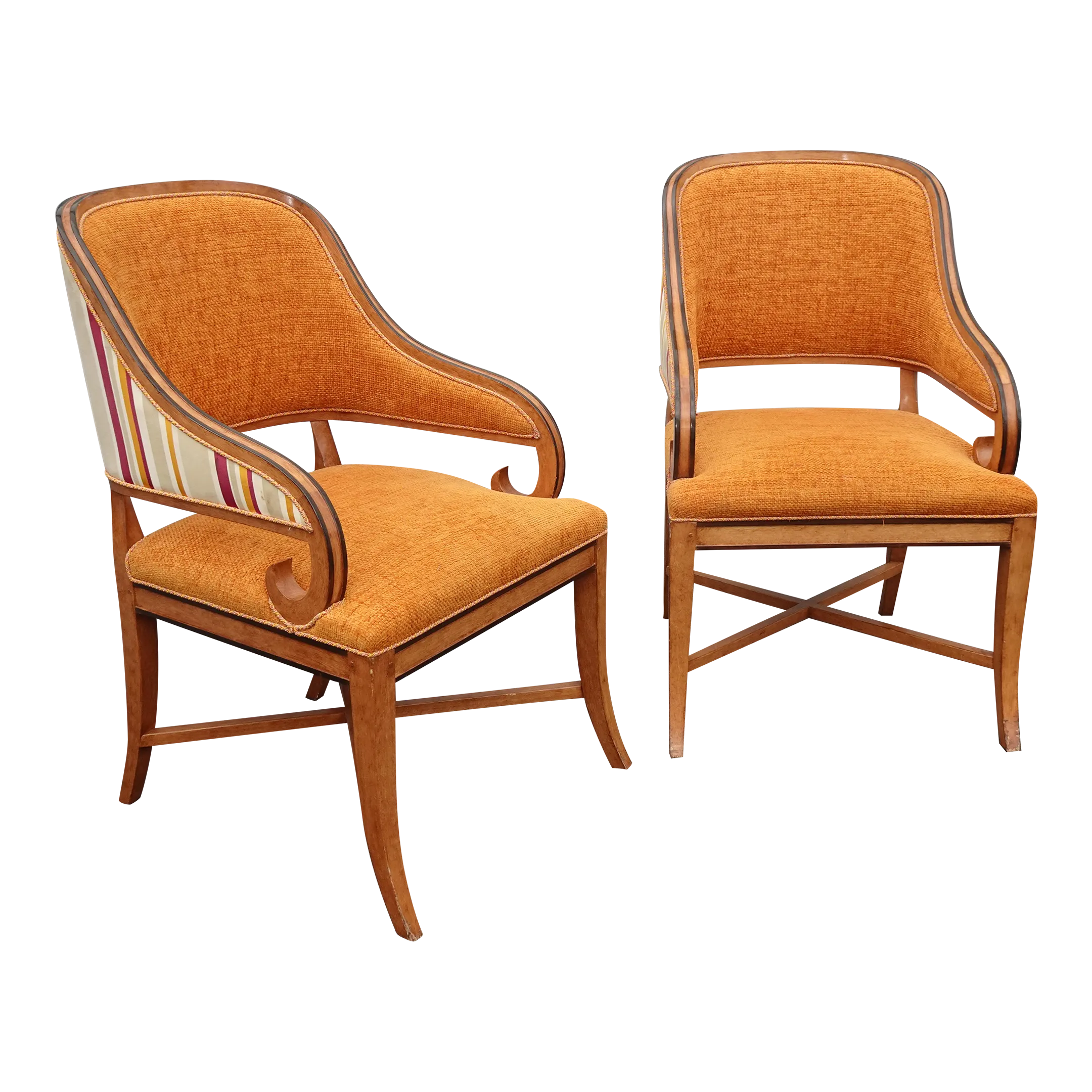 Pair of William Switzer Fine Furniture Orange Stripped Arm Chairs