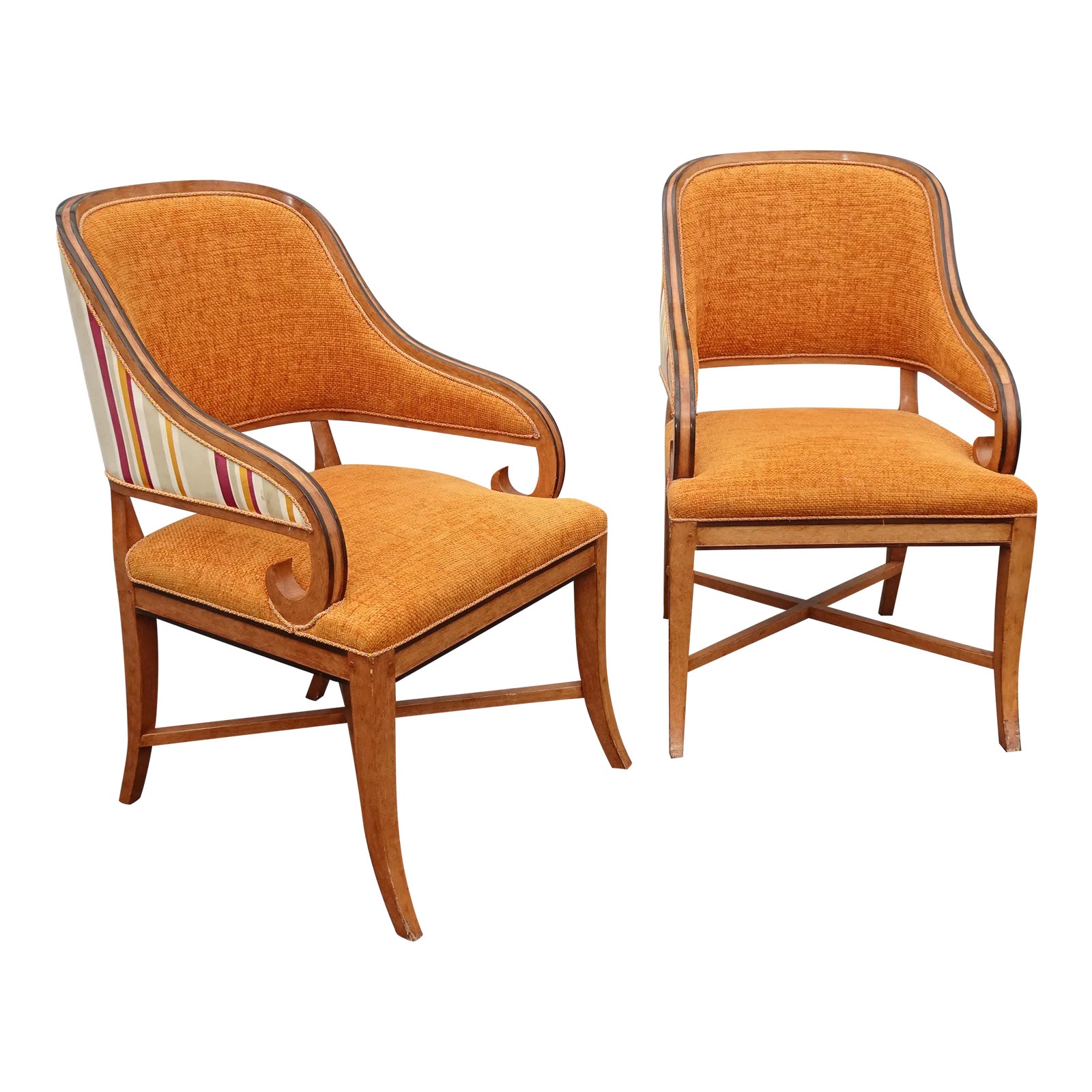 Pair of William Switzer Fine Furniture Orange Stripped Arm Chairs