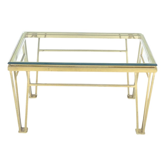 Geometric Frame Style Legs Rectangular Brass Plated Side Table w/ Glass Top For Sale
