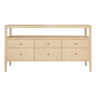 Matthew Izzo Home Jordan Natural Grasscloth Six Drawer Console Table With Glass Top and Polished Brass Knobs For Sale