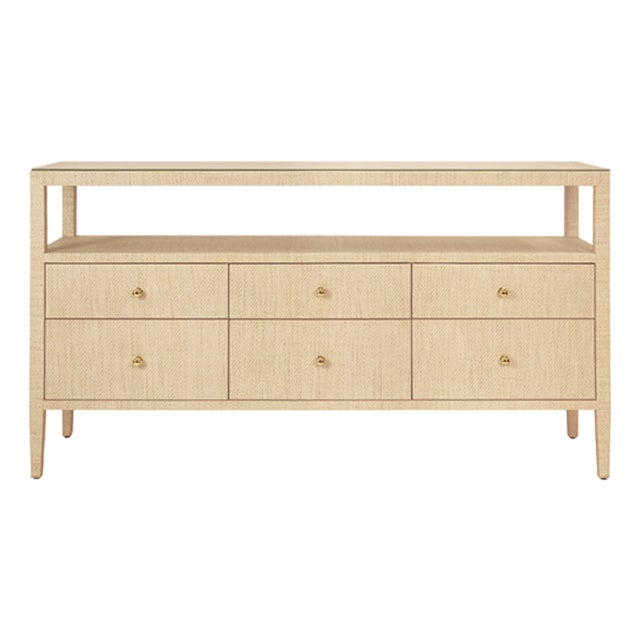 Matthew Izzo Home Jordan Natural Grasscloth Six Drawer Console Table With Glass Top and Polished Brass Knobs For Sale