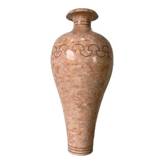 Overscale 1980’s Maitland-Smith Style Tessellated Stone & Inlaid Brass Floor Vase For Sale