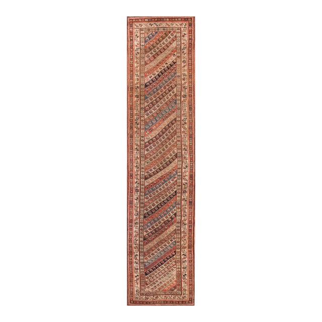 1890s Multicolor Stripe Diagonal Antique Persian Kurdish Runner Rug 3'4" X 14'6" Handknotted Wool Carpet For Sale