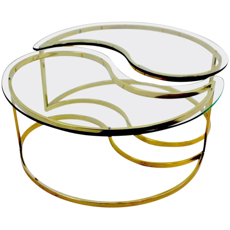 Shaped Glass Top Yin Yang Coffee Table With Brass Base After Baughman