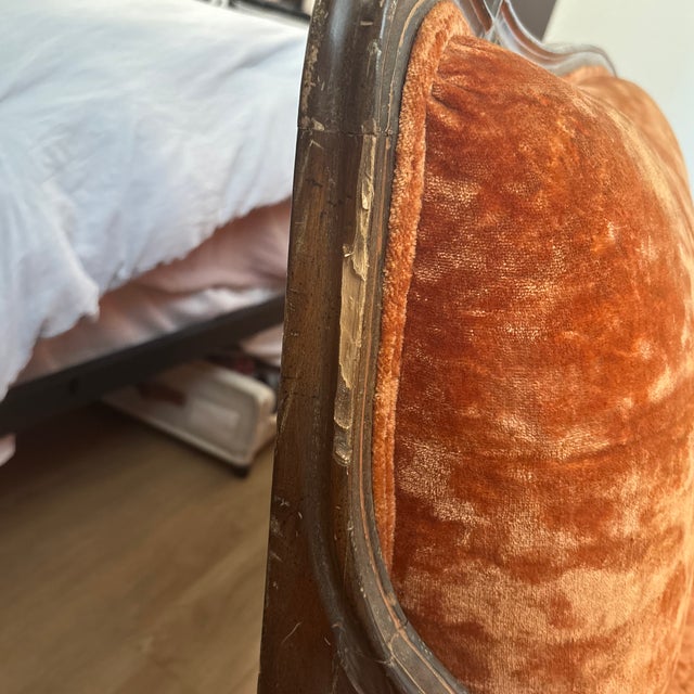 Copper Vintage French Provincial Sofa in Rich Copper Crushed Velvet With Carved Wood Details and Cabriole Legs. Elegant, Warm, and Timeless. For Sale - Image 8 of 12