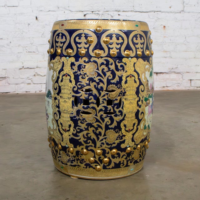 Blue 20th Century Chinoiserie Asian Garden Stool or Plant Stand Ornate Hand Painted Glazed Ceramic For Sale - Image 8 of 18