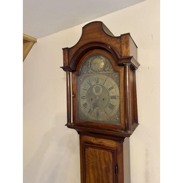 Metal Antique George III Mahogany and Brass Arched Face Long Case Clock, 1800 For Sale - Image 7 of 10