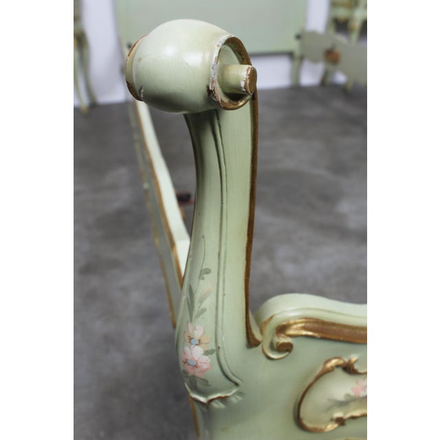 Venetian Baroque Green Lacquered Hand-Painted Floral Single Bed Set with Two Nightstands, 1950s, Set of 3 For Sale - Image 9 of 12