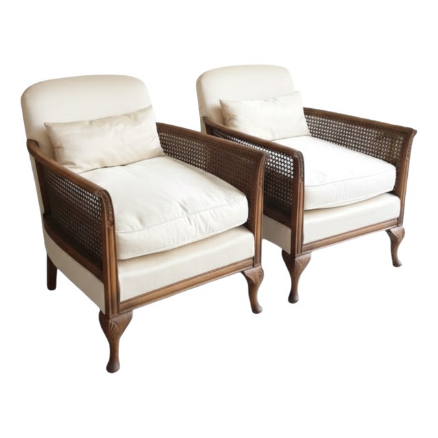 Vintage Louis XV Style Cane and White Fabric Armchairs, 1950, Set of 2 For Sale