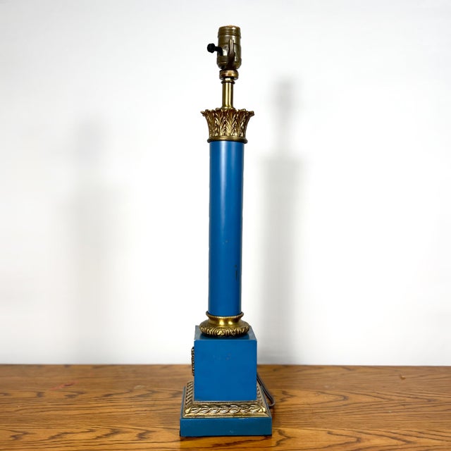 Neoclassical Neoclassical Lapis Lazuli Blue Plated Solid Brass Column Table Lamp For Sale - Image 3 of 13