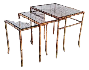 1970s Vintage Italian Gilt Metal Faux Bamboo Nesting Tables - A Set of 3