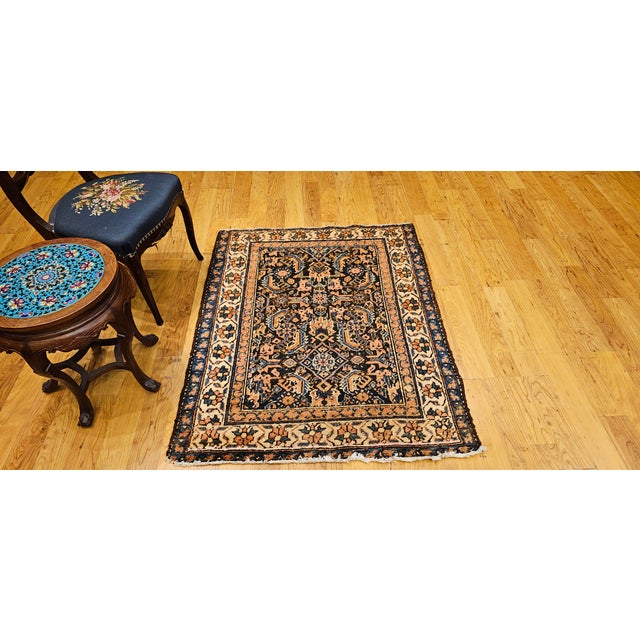 Vintage Persian Malayer Area Rug, Handwoven All Over Geometric Design, Navy & Ivory, 4’ X 4’ For Sale - Image 14 of 14
