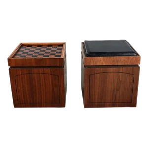 1965 Mid Century Modern Lane Rolling Cube Storage Ottoman End Tables With Game Board & Black Vinyl Flip Table Top a Pair